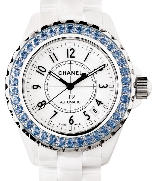 Full Size J12 38mm Automatic in White Ceramic with Blue Sapphire Bezel on White Ceramic Bracelet with White Arabic Dial