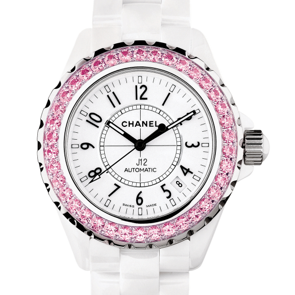 Chanel Full Size J12 38mm Automatic in White Ceramic with Pink Sapphire Bezel