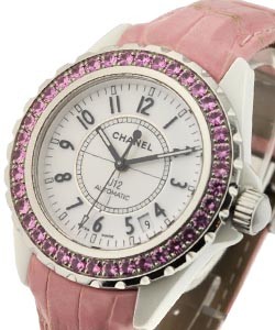 J12 38mm Autoamtic in White Ceramic with Pink Sapphire Bezel on Pink Alligator  Leather Strap with White Dial
