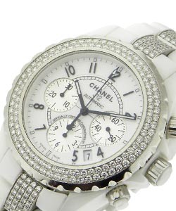 Full Size J12 38mm Automatic in White Ceramic with White Diamond Bezel on White Diamond Ceramic Bracelet with White Dial