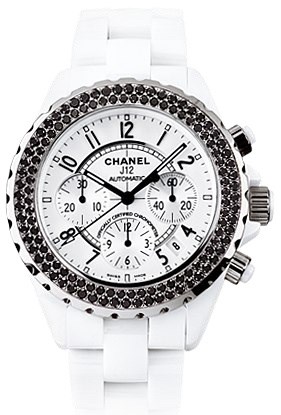 J12 Chronograph 41mm Automatic in White Ceramic with Steel & Black Diamonds Bezel on White Ceramic Bracelet with White Dial