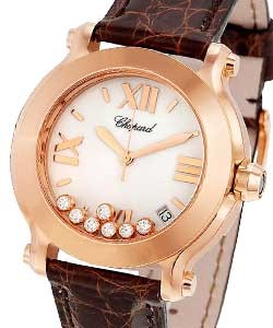Happy Sport Round Mid Size in Rose Gold on Brown Crocodile Leather Strap with White Dial