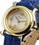 Happy Sport Round in Steel and Yellow Gold Bezel on Blue Crocodile Leather Strap with White 5 Floating Diamonds Dial