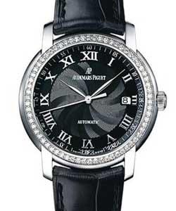 Jules Audemars in White Gold with Diamond Bezel on Black Crocodile Leather Strap with Black Roman Dial