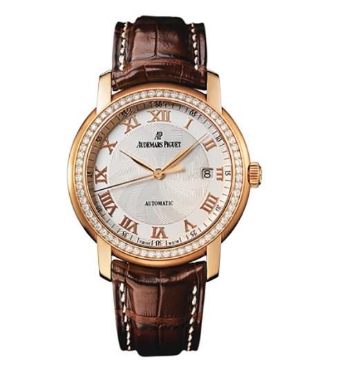 Jules Audemars in Rose Gold with Diamond Bezel on Brown Leather Strap with Silver Guilloche Dial