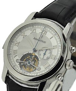 Jules Audemars Tourbillon Chronograph in Platinum on Black Leather Strap with Elegant Silver Guilloche Dial
