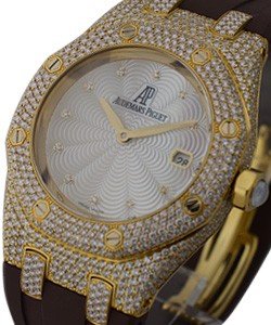 ROYAL OAK in Yellow Gold with Pave Diamond Case on Brown Satin Strap with Silver Diamond Dial