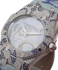 Lady's Royal Oak in White Gold with Diamond Case on Blue Satin Strap with Blue Mother of Pearl Diamond Dial