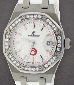 Royal Oak Alinghi in Steel with Diamond Bezel on White Leather Strap with Silver Dial  - Red Accents