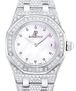 White Gold Royal Oak in White Gold with Diamond Bezel on White Gold Pave Diamond Bracelet with MOP Dial