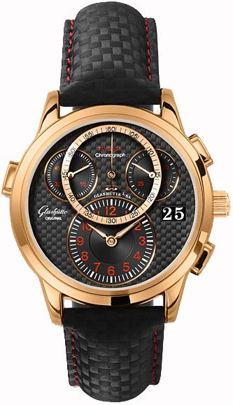 PanoMaticChrono Flyback 39mm Autoamtic in Rose Gold on Black Calfskin Leather Strap with Black Carbon Dial
