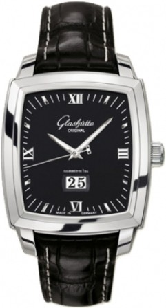 Senator Karree Panorama Date 36.3mm in Steel on Black Crocodile Leather Strap with Black Dial