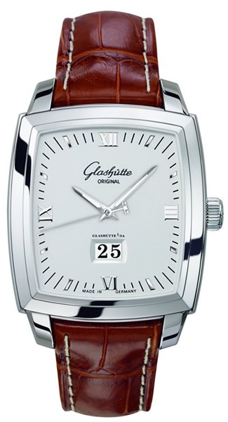 Senator Karree Panorama Date 40mm in Steel on Brown Crocodile Leather Strap with Silver Dial