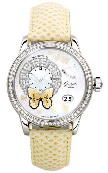 Star Collection Pretty Butterfly 39.4mm in White Gold with Diamond Bezel on Beige Leather Strap with White MOP Diamond Dial
