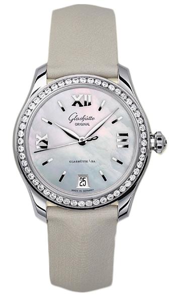 Lady Serenade 36mm Autoamtic in Steel with Diamond Bezel on Beige Satin Strap with MOP Dial