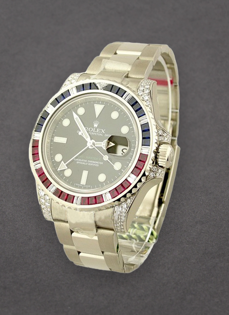 Rolex Unworn GMT Master II in White Gold with Baguette Diamond Bezel and Lugs - Limited Edition