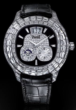 Emperador Cushion in White Gold with Baguette Diamond Bezel on Black Crocodile Leather Strap with Black Dial
