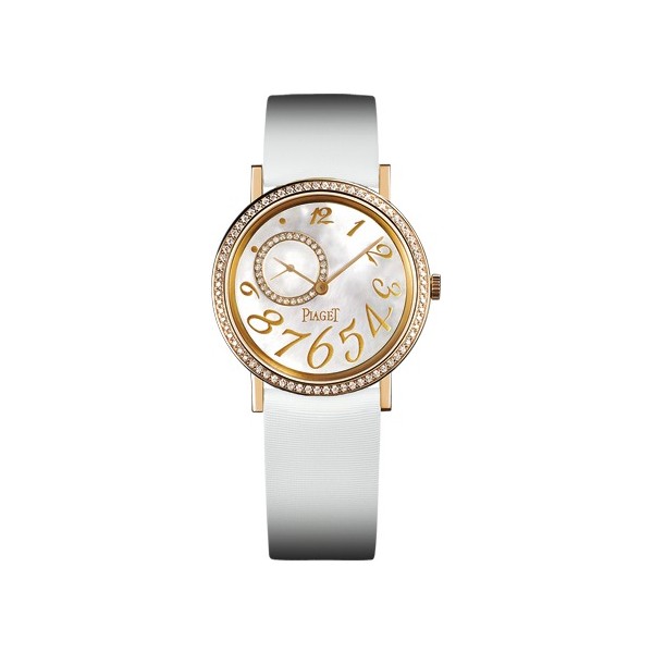 Altiplano in Rose Gold with Diamond Bezel on White Satin Strap with MOP Dial