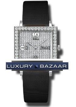 Altiplano Square - Mid Size in White Gold with Diamond Bezel on Black Satin Strap with Pave Diamond Dial