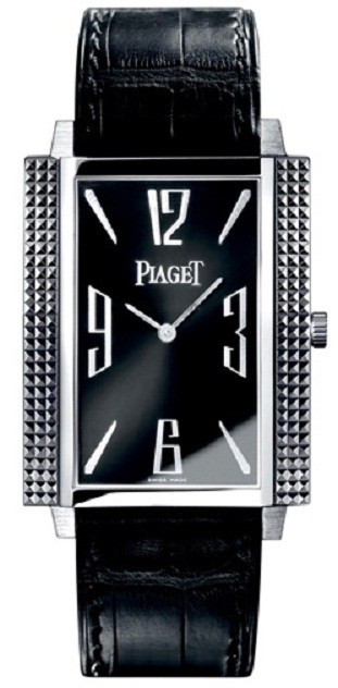 Black Tie 1967 Large Size in White Gold on Black Crocodile Leather Strap with Black Dial