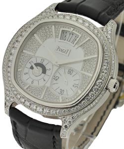 Emperador Cushion in White Gold with Diamond Bezel on Black Crocodile Leather with Pave Diamond Dial