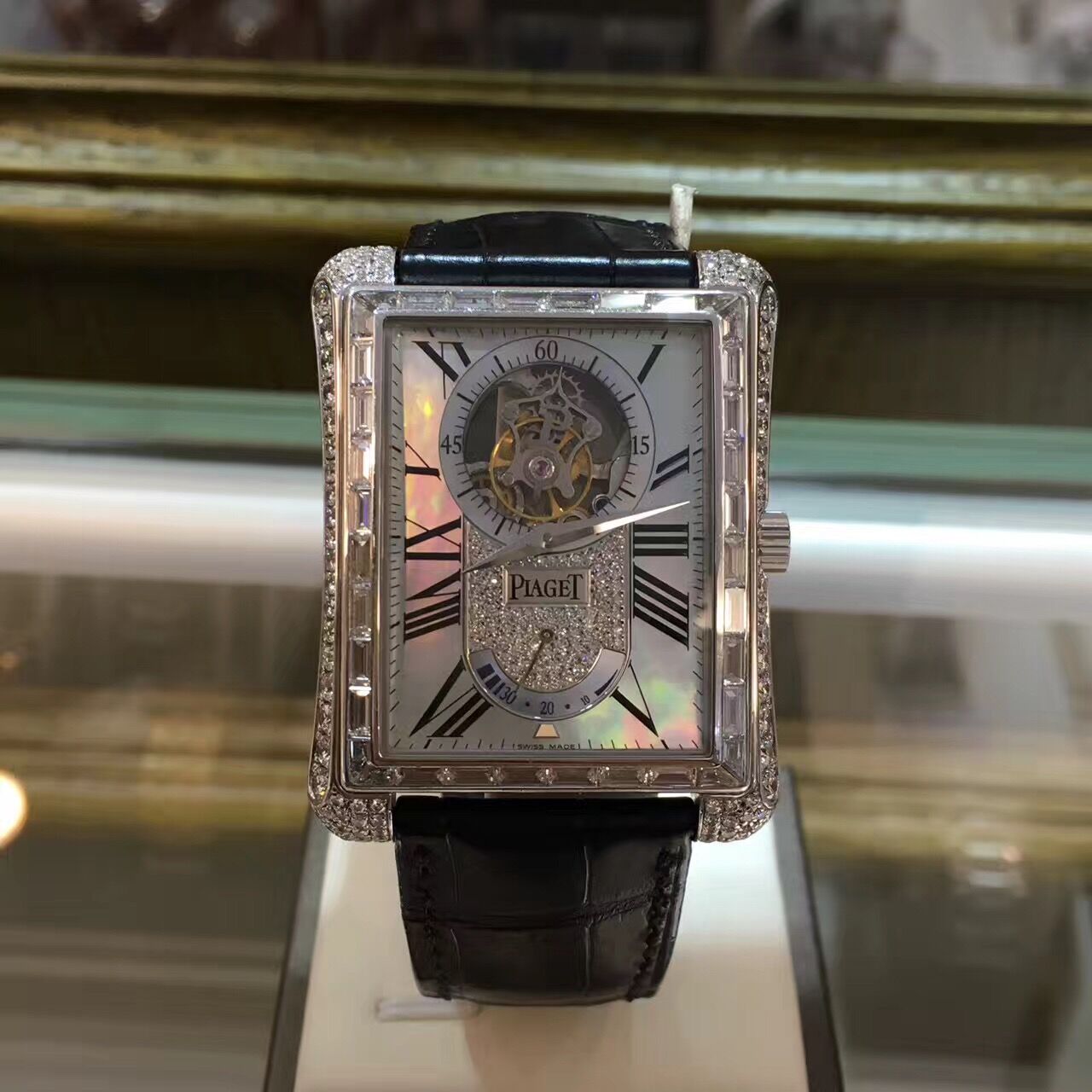 Black Tie Emperador Tourbillon in White Gold with Diamond Bezel on Black Crocodile Leather Strap on Blue MOP Dial