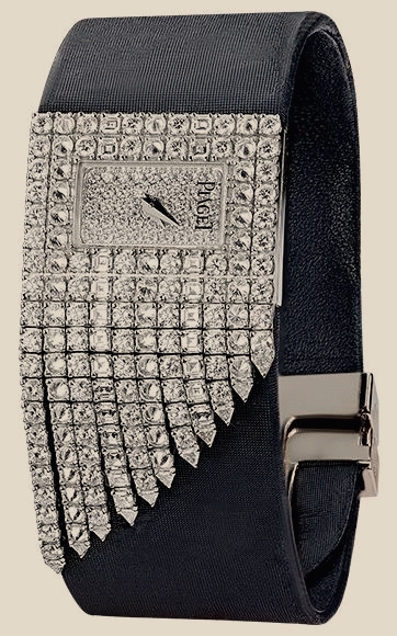 Limelight Fringe Motif in White Gold with Diamond Bezel on Black Satin Strap with Pave Diamond Dial