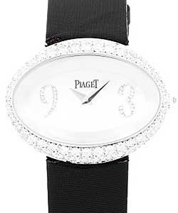Limelight Oval in White Gold with Diamond Bezel on Black Satin Strap with White MOP Dial