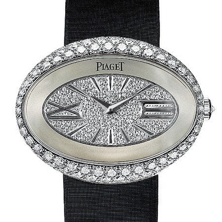Limelight Oval in White Gold with Diamond Bezel on Black Satin Strap with Pave Diamond Dial