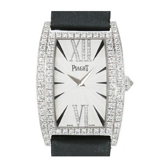 Limelight Tonneau - Mid Size in White Gold with Diamond Bezel on Black Satin Strap with Silver Dial