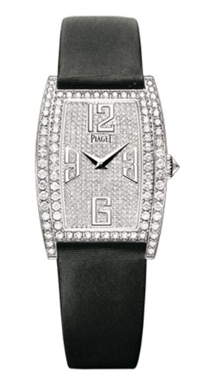 Limelight Tonneau - Mid Size in White Gold with Diamond Bezel on Black Satin Strap with MOP Dial