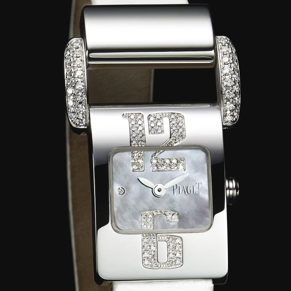 Miss Protocole - Small Size in White Gold with Diamonds on Black Satin Strap with MOP Dial