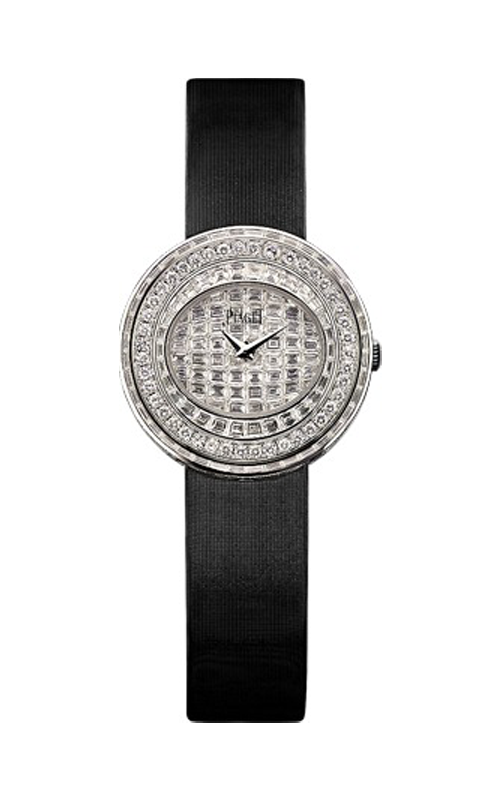 Possession Small in White Gold with Diamond Bezel on Black Satin Strap with Pave Baguette Diamond Dial