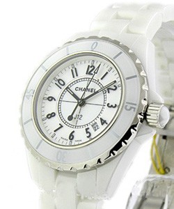 J12 White - Small Size in White Ceramic with Steel Bezel on White Ceramic Bracelet with White Dial