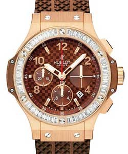 Big Bang Cappuccino 41mm in Rose Gold with Baguette Diamond Bezel on Brown Rubber Strap with Brown Dial