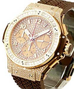 Big Bang Cappuccino 41mm in Rose Gold with Baguette Diamond Bezel on Brown Rubber Strap with Pave Diamond Dial
