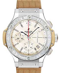 Big Bang Madre Perla 41mm in Steel with Baguette Diamond Bezel on Beige Crocodile Leather Strap with Beige Dial