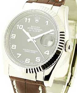 Datejust in White Gold with Fluted Bezel on Brown Alligator Leather Strap with Black Arabic Dial