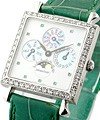 Lady''''s Perpetual Calendar in Platinum with Diamond Bezel on Green Leather Strap with Silver Emerald Markers Dial