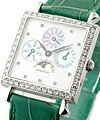 Lady''''s Perpetual Calendar in Platinum with Diamond Bezel on Green Leather Strap with Silver Emerald Markers Dial