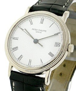 Men's White Gold Calatrava with Hobnail Case on Black Crocodile Leather Strap with White Dial