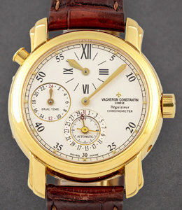 Malte Dual Time Regulateur in Yellow Gold on Brown Alligator Leather Strap with Silver Dial