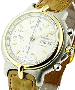 Uomo 2-Tone Chronograph Day Date in Steel with Yellow Gold Bezel on Brown Leather Strap with Cream Dial