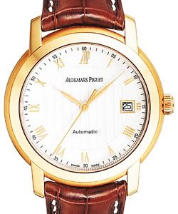 Jules Audemars 39mm in Rose Gold with Diamond Bezel on Brown Crocodile Leather Strap with Silver Roman Dial