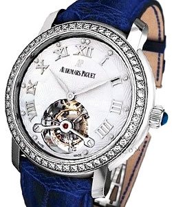 Lady's Jules Audemars Tourbillon in White Gold with Diamond Bezel on Blue Crocodile Leather Strap with White MOP Dial