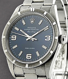 Air-King in Steel with Engine Turned Bezel on Steel Oyster Bracelet with Blue Arabic Dial