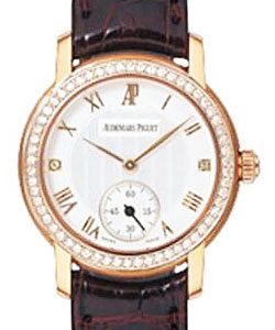 Jules Audemars in Rose Gold with Diamond Bezel on Brown Alligator Leather Strap with Silver Guilloche Dial