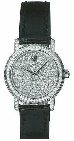 Lady's Jules Audemars in White Gold with Diamond Case on Black Leather Strap with Pave Diamond Dial
