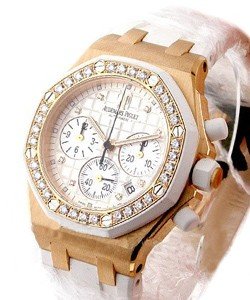 Ladys Offshore Chronograph in Rose Gold with Diamond Bezel on White Rubber Strap with White Dial