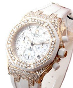 Royal Oak Lady's Offshore in Rose Gold with Diamond Bezel on White Rubber Strap with White Daimond Dial